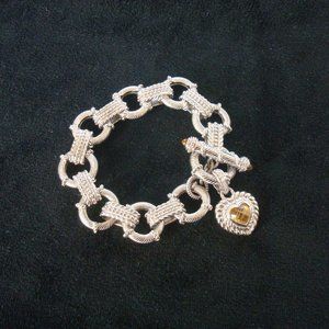 Judith Ripka 7.5"Sterling Silver Citrine CZ Textured Toggle Bracelet Heart Charm